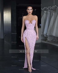 Strapless Sleeveless Long Mermaid Split Formal Dress With Sequins