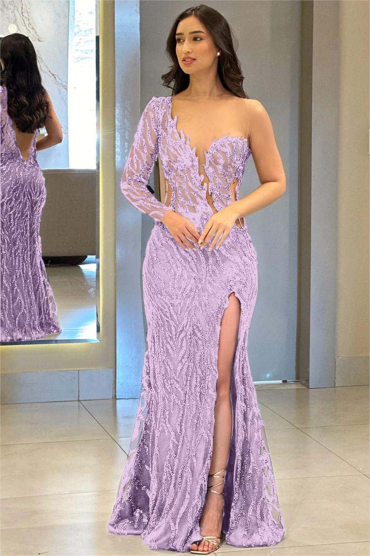 One Shoulder One Long Sleeve Backless Mermaid Split Formal Dress With Appliques