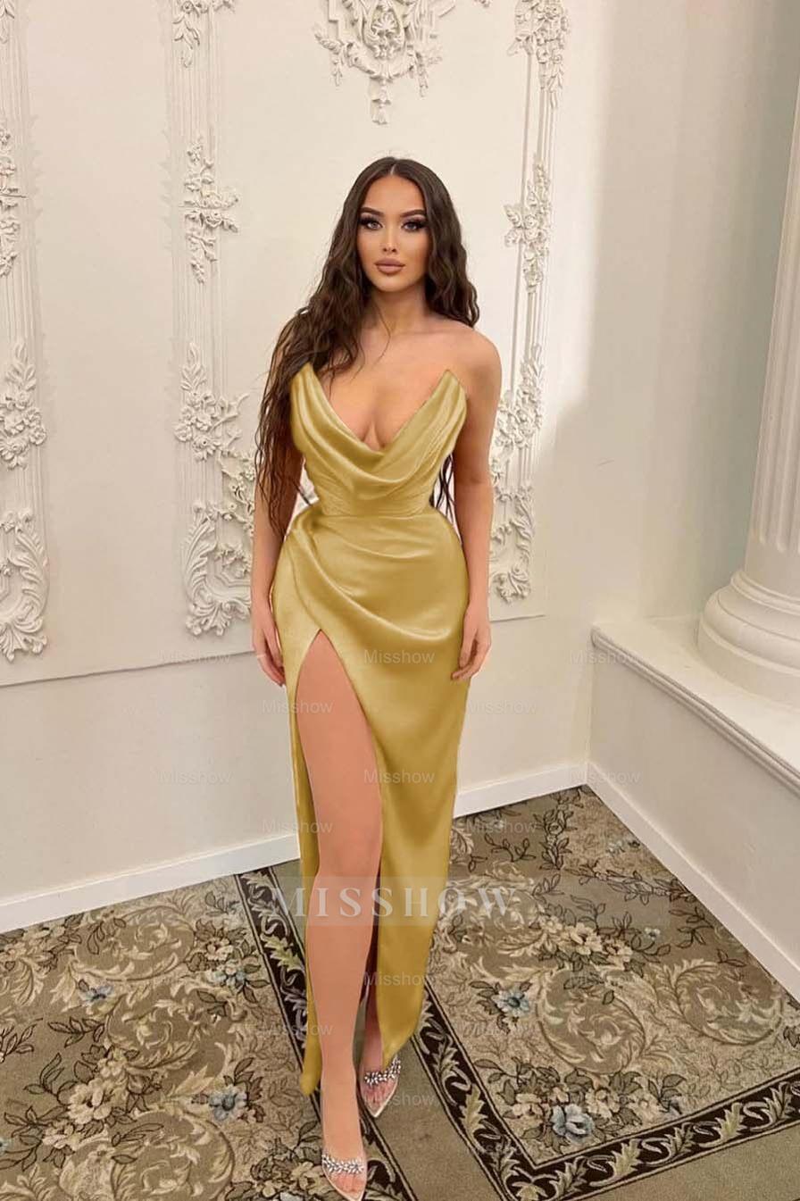 Sleeveless Strapless Long Mermaid Split Formal Dress With Pleated