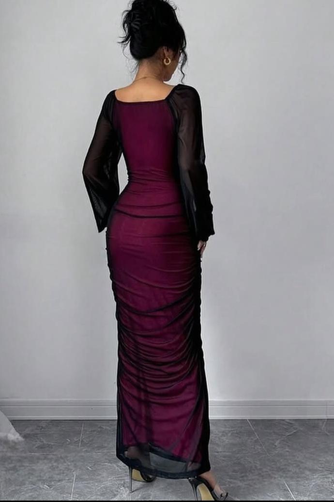 Square Neck Long Sleeves Long Mermaid Formal Dress With Pleated