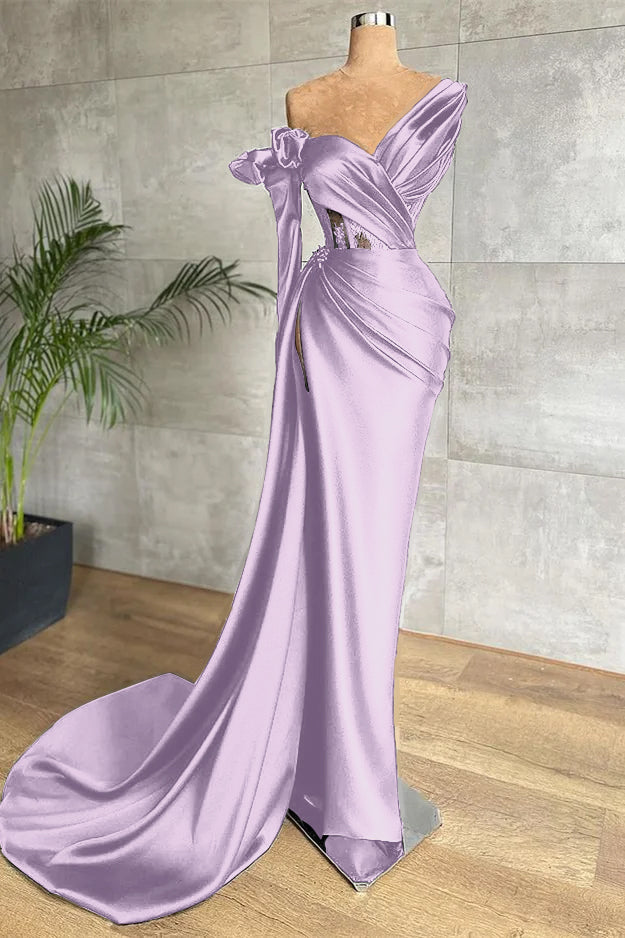 Black One Shoulder Long Sleeve Lace Pleated Long Formal Dress With Side Split