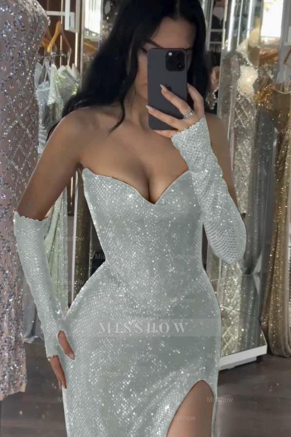 Sequin Strapless Long Mermaid Formal Dress With Split Detachable sleeves