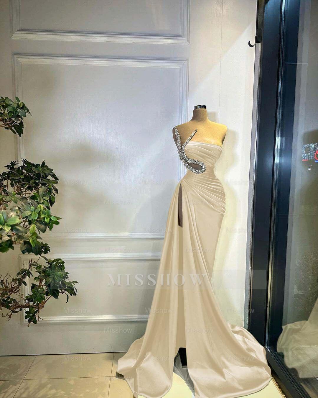 Strapless Sleeveless Long Mermaid Split Formal Dress With Beading
