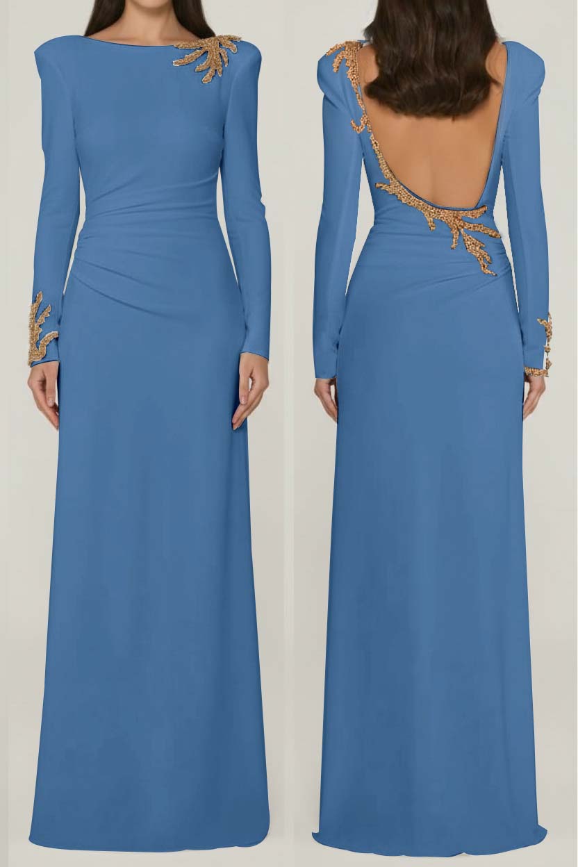 Long Sleeves Long Backless Formal Dress With Appliques Pleated