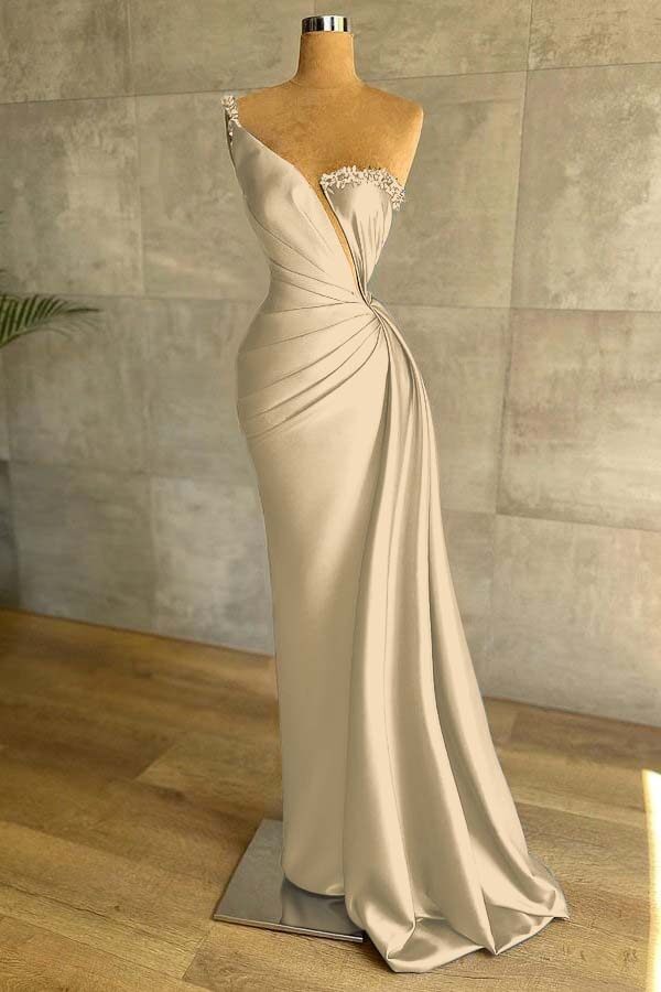 One Shoulder Sleeveless Mermaid Split Long Formal Dress With Beading