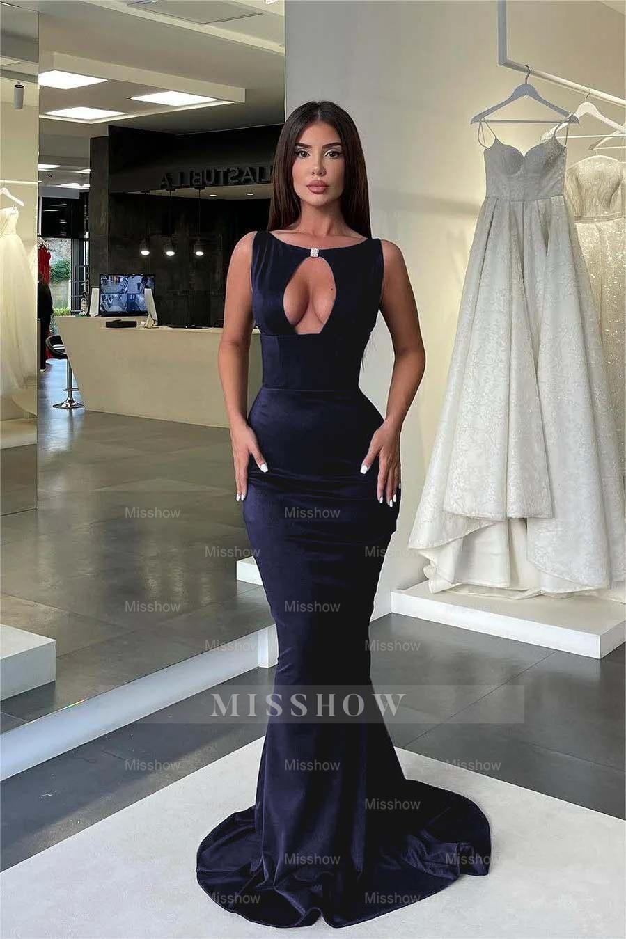 Jewel Neck Sleeveless High Waist Mermaid Formal Dress With Pleated