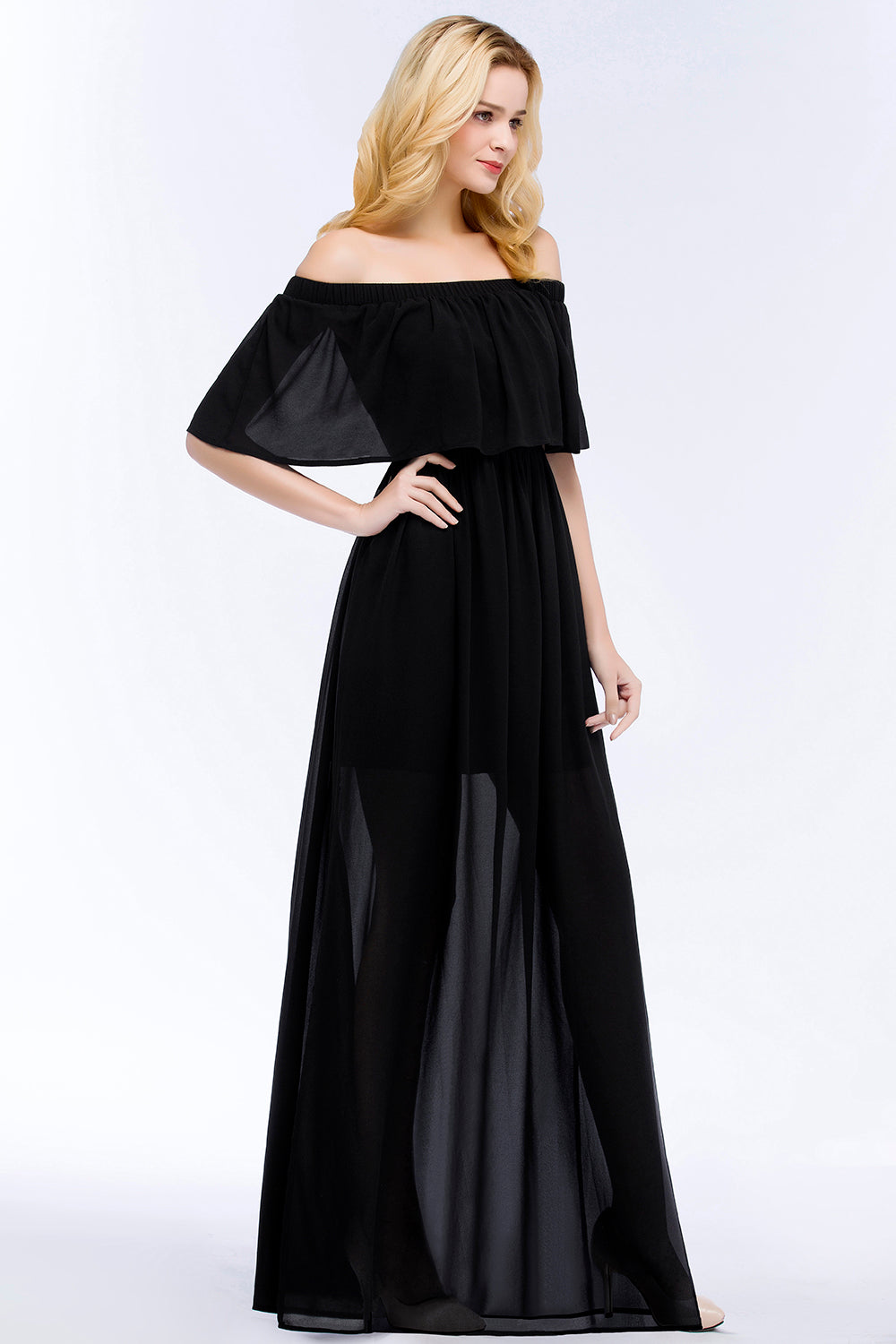 Affordable Black Off-the-shoulder Long Chiffon Bridesmaid Dresses