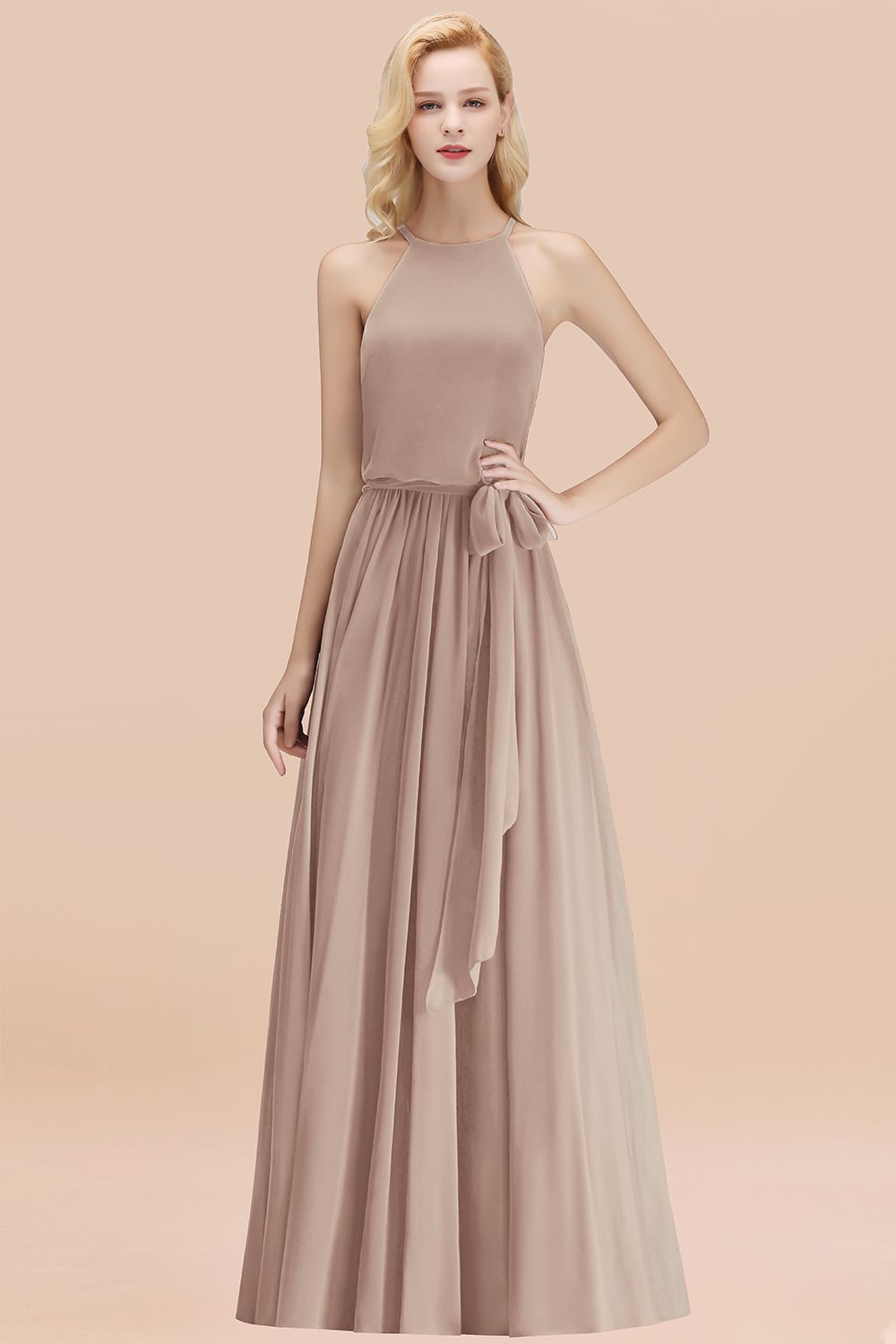 Affordable Halter Bow Long Bridesmaid Dresses Modest Burgundy Chiffon Wedding Party Dress Affordable Halter Bow Long Bridesmaid Dresses Modest Burgundy Chiffon Wedding Party Dress