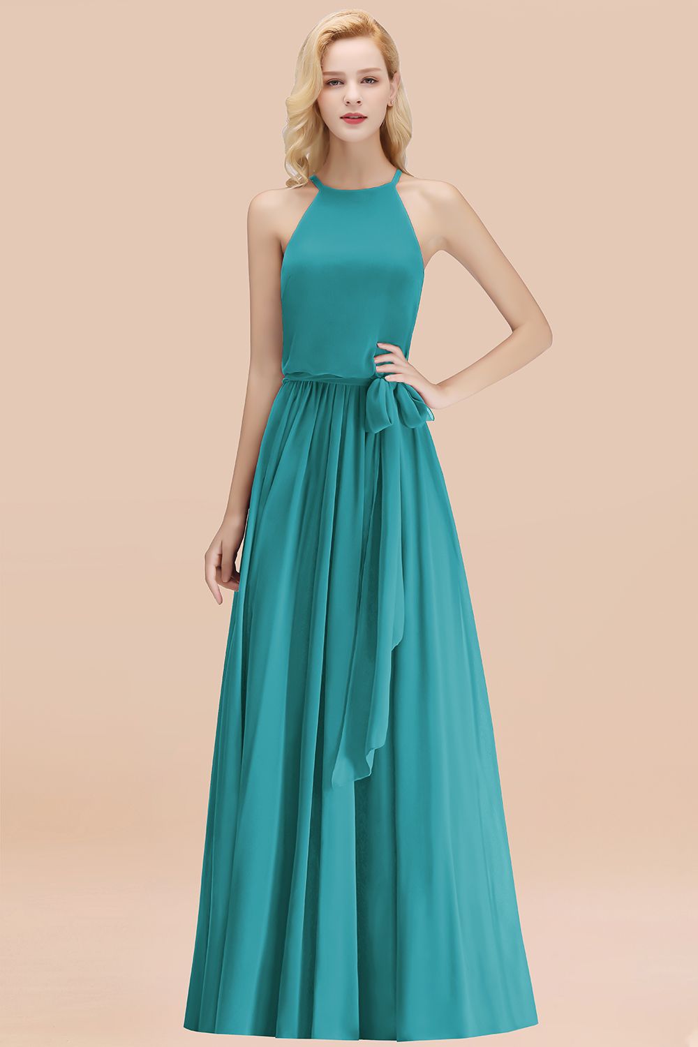 Affordable Halter Bow Long Bridesmaid Dresses Modest Burgundy Chiffon Wedding Party Dress Affordable Halter Bow Long Bridesmaid Dresses Modest Burgundy Chiffon Wedding Party Dress