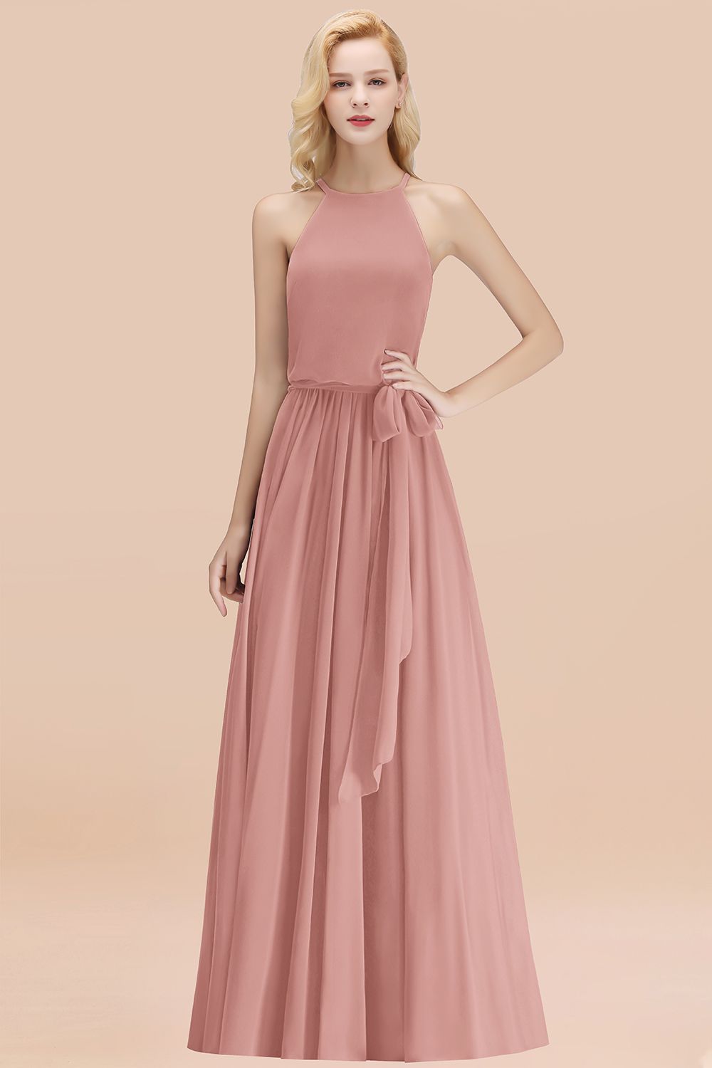 Affordable Halter Bow Long Bridesmaid Dresses Modest Burgundy Chiffon Wedding Party Dress Affordable Halter Bow Long Bridesmaid Dresses Modest Burgundy Chiffon Wedding Party Dress
