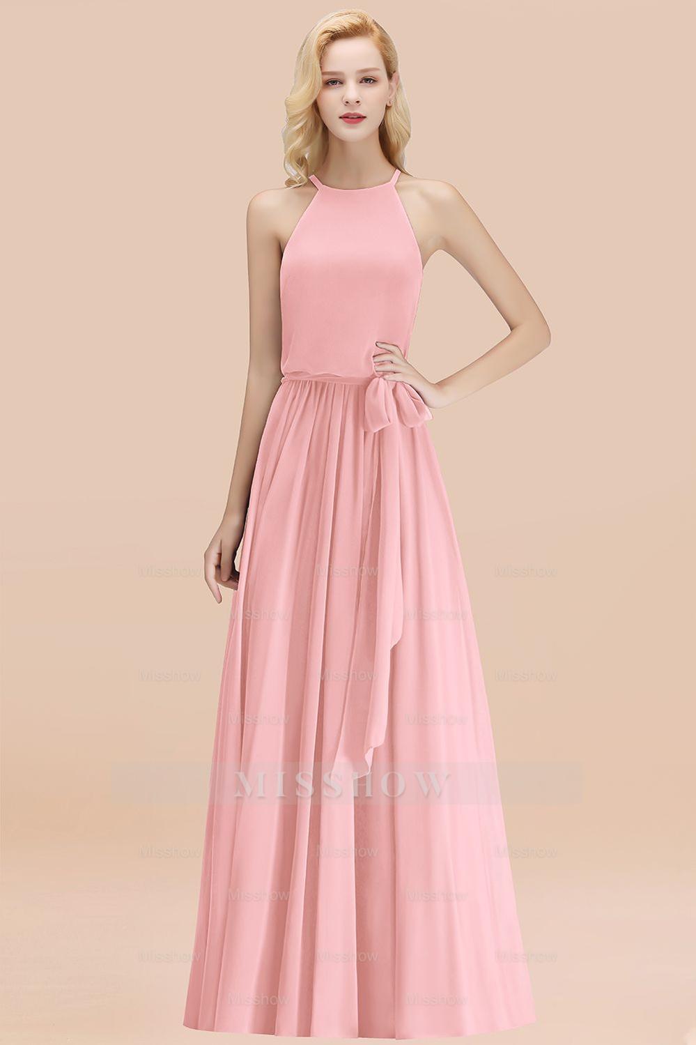 affordable party dresses Affordable Halter Bow Long Bridesmaid Dresses Modest Burgundy Chiffon – misshow.com