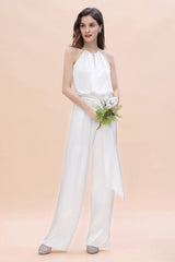 Affordable Halter Sleeveless Ivory Charmeuse Bridesmaid Jumpsuit