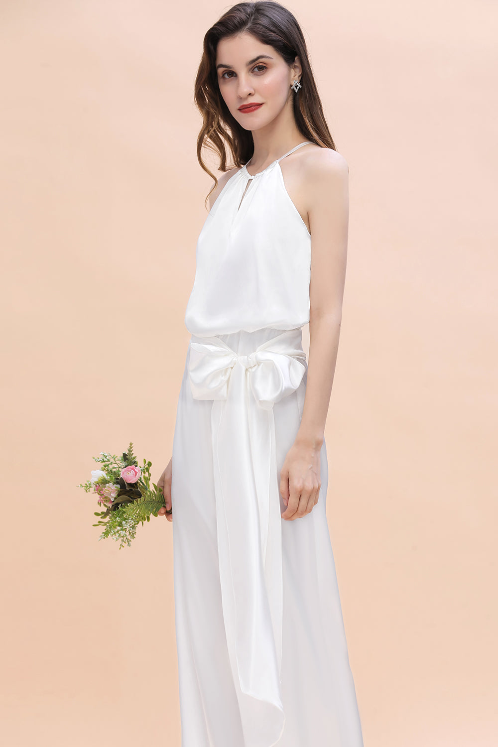 Affordable Halter Sleeveless Ivory Charmeuse Bridesmaid Jumpsuit