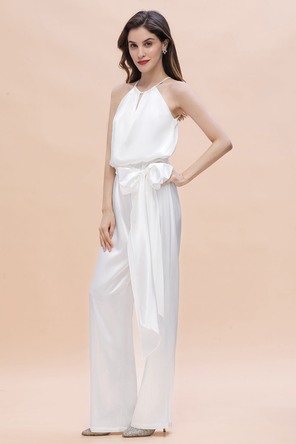Affordable Halter Sleeveless Ivory Charmeuse Bridesmaid Jumpsuit