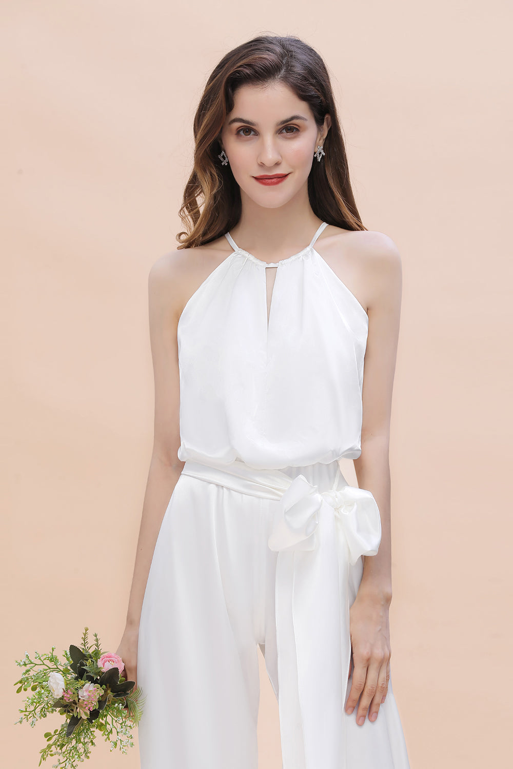 Affordable Halter Sleeveless Ivory Charmeuse Bridesmaid Jumpsuit