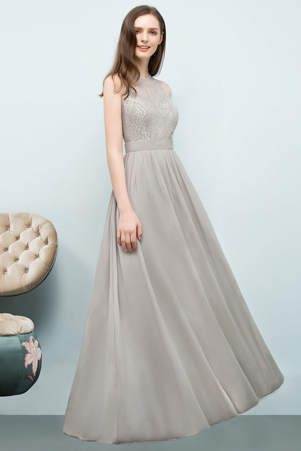 Affordable Lace Sleeveless Silver Bridesmaid Dresses with Ruffles Affordable Lace Sleeveless Silver Bridesmaid Dresses with Ruffles