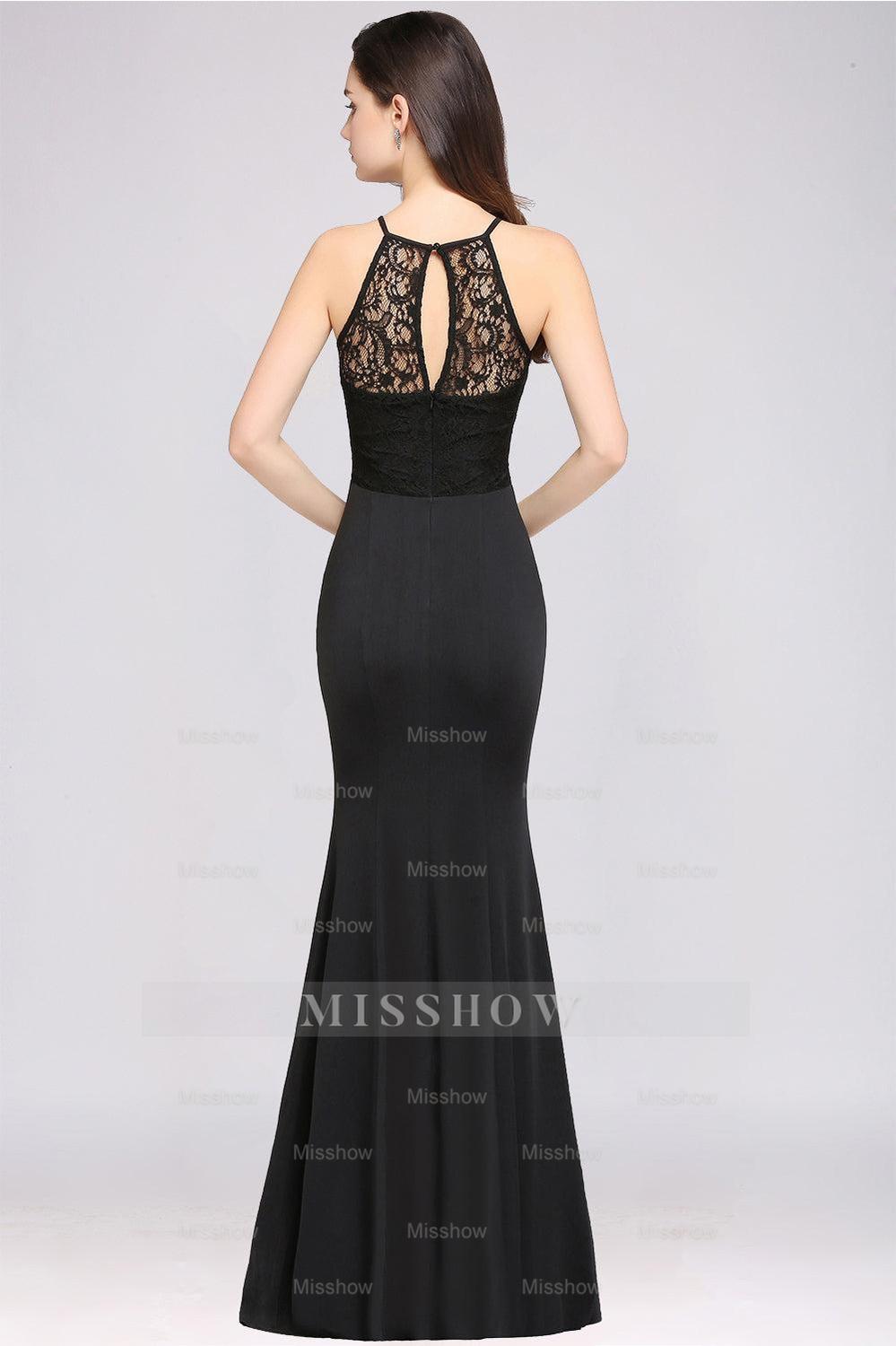 black lace maid of honor dresses Affordable Mermaid Keyhole Black Lace Bridesmaid Dresses – misshow.com
