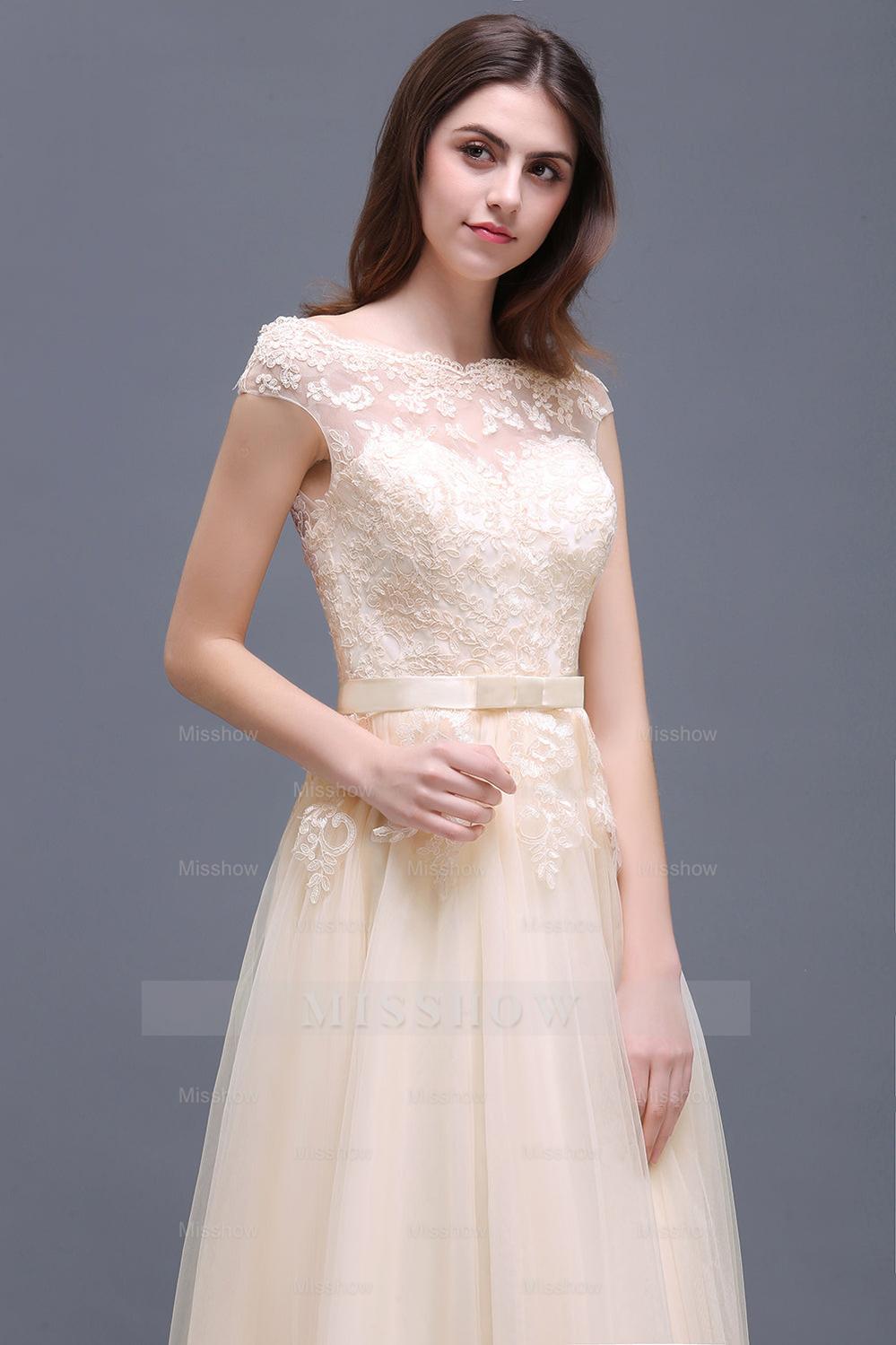 tulle champagne bridesmaid dresses Champagne v neck tulle lace long prom dress, A line bridesmaid dress