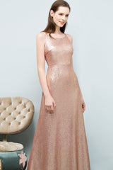 Affordable Pink Sequined Long Bridesmaid Dresses With Scoop