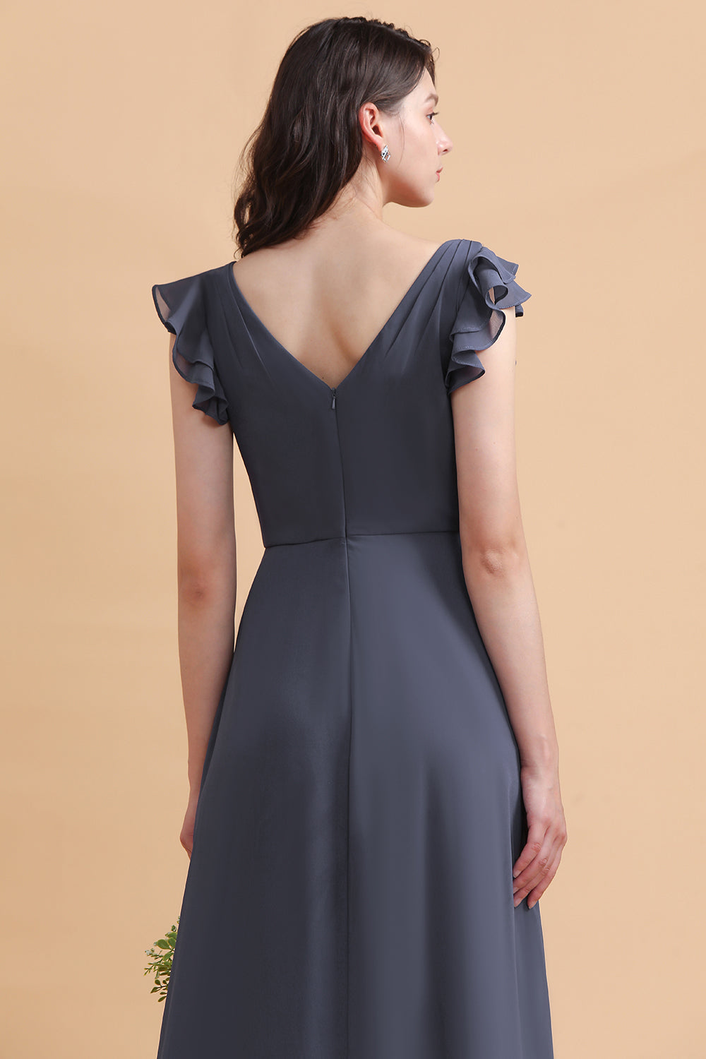 Affordable V-Neck Chiffon Ruffles Bridesmaid Dresses with Pockets On Sale