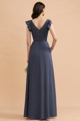 Affordable V-Neck Chiffon Ruffles Bridesmaid Dresses with Pockets On Sale
