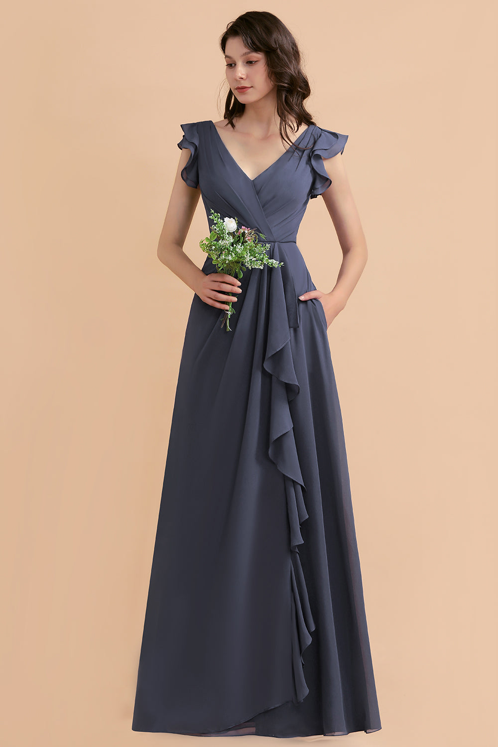 Affordable V-Neck Chiffon Ruffles Bridesmaid Dresses with Pockets On Sale