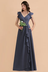 Affordable V-Neck Chiffon Ruffles Bridesmaid Dresses with Pockets On Sale