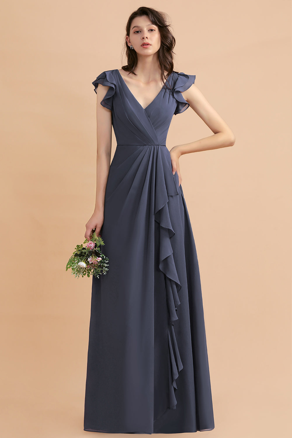 Affordable V-Neck Chiffon Ruffles Bridesmaid Dresses with Pockets On Sale