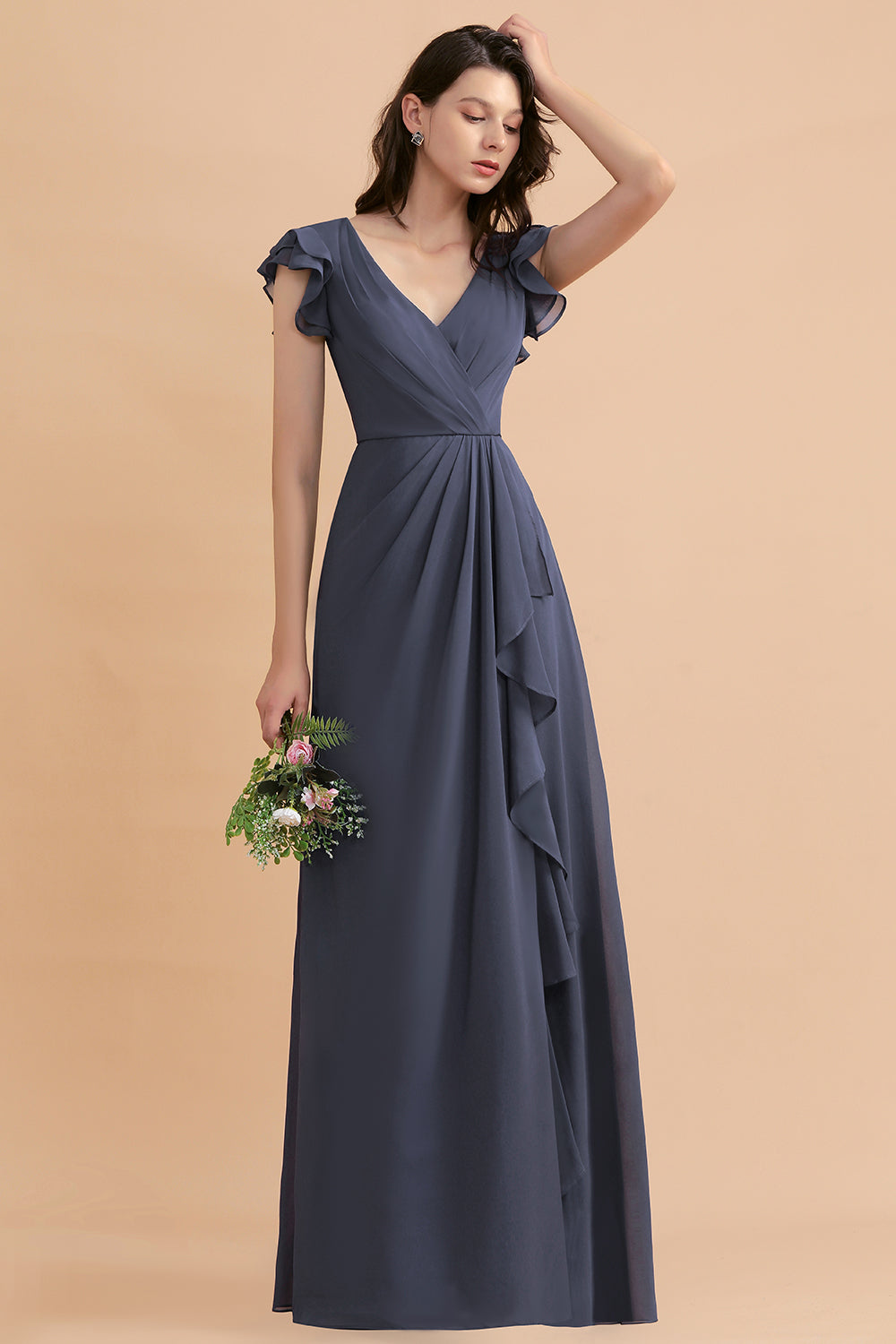 Affordable V-Neck Chiffon Ruffles Bridesmaid Dresses with Pockets On Sale