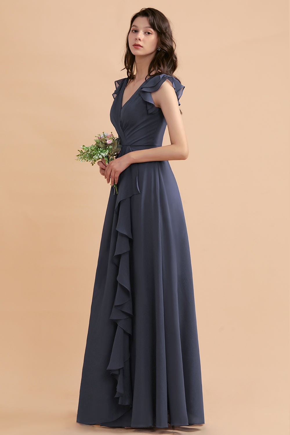 Affordable V-Neck Chiffon Ruffles Bridesmaid Dresses with Pockets On Sale