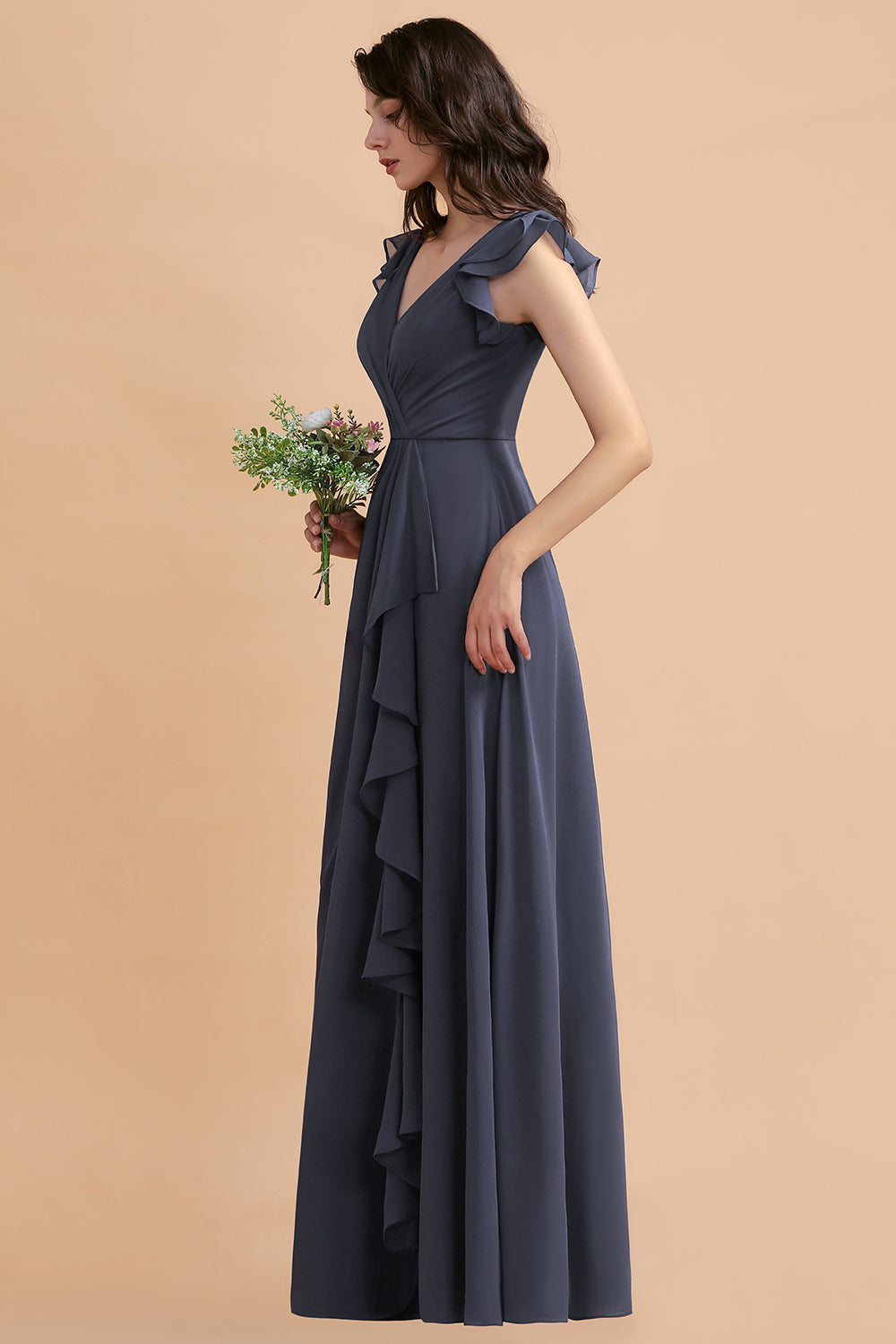 Affordable V-Neck Chiffon Ruffles Bridesmaid Dresses with Pockets On Sale