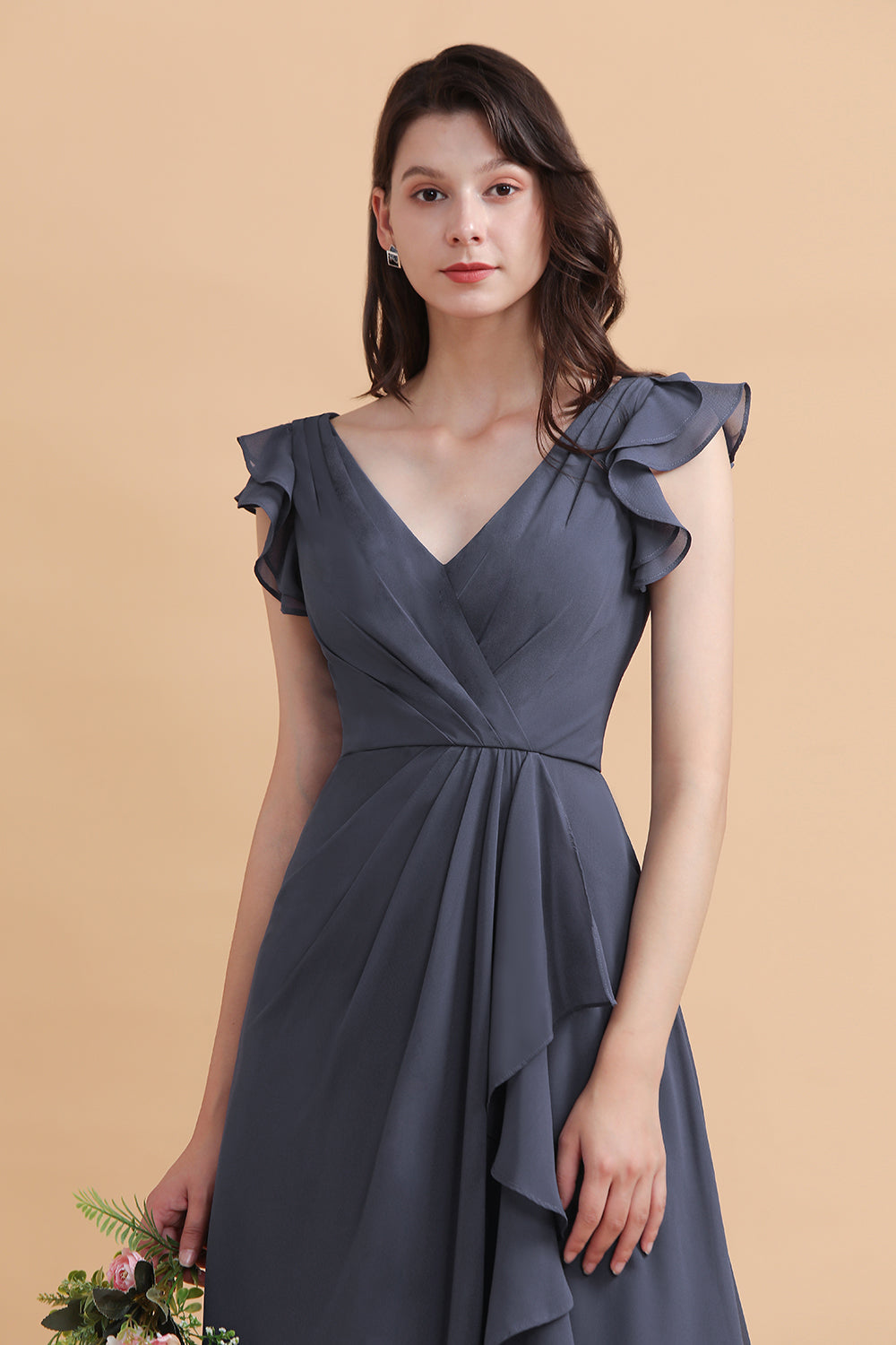 Affordable V-Neck Chiffon Ruffles Bridesmaid Dresses with Pockets On Sale