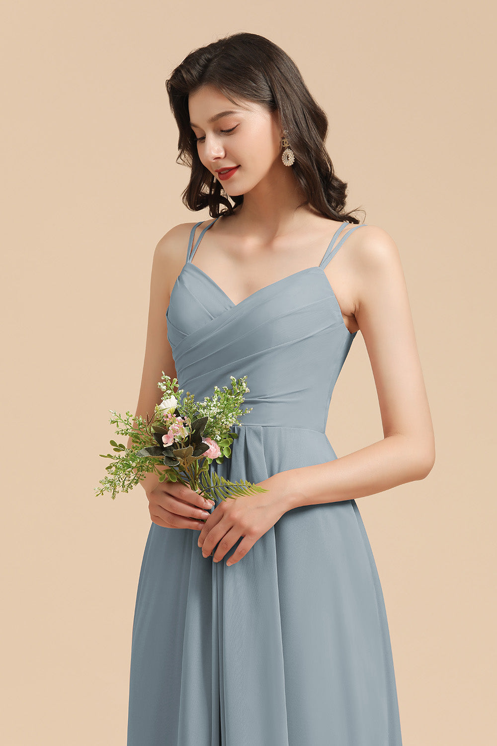 Affordable V-Neck Ruffle Dusty Blue Chiffon Bridesmaid Dresses-misshow.com
