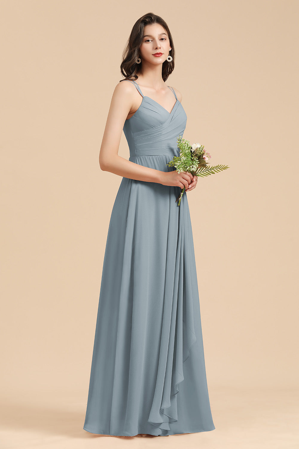 Affordable V-Neck Ruffle Dusty Blue Chiffon Bridesmaid Dresses-misshow.com