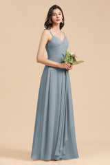 Affordable V-Neck Ruffle Dusty Blue Chiffon Bridesmaid Dresses-misshow.com