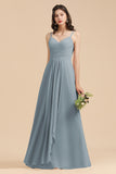 Affordable V-Neck Ruffle Dusty Blue Chiffon Bridesmaid Dresses-misshow.com