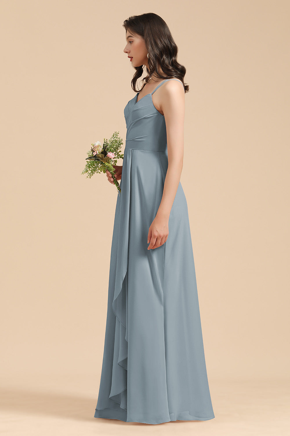 Affordable V-Neck Ruffle Dusty Blue Chiffon Bridesmaid Dresses-misshow.com