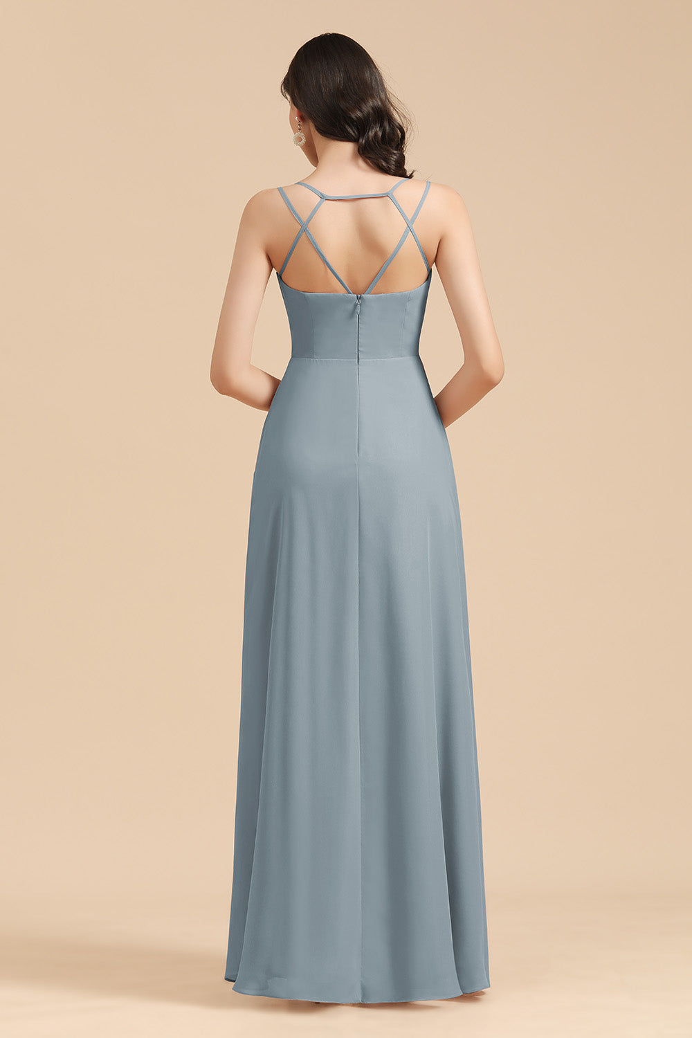 Affordable V-Neck Ruffle Dusty Blue Chiffon Bridesmaid Dresses-misshow.com