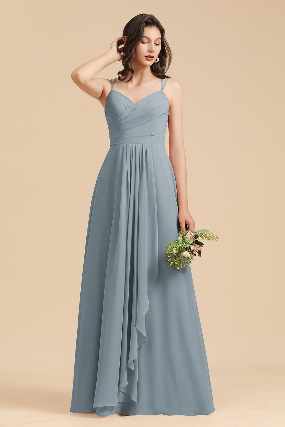 Affordable V-Neck Ruffle Dusty Blue Chiffon Bridesmaid Dresses-misshow.com