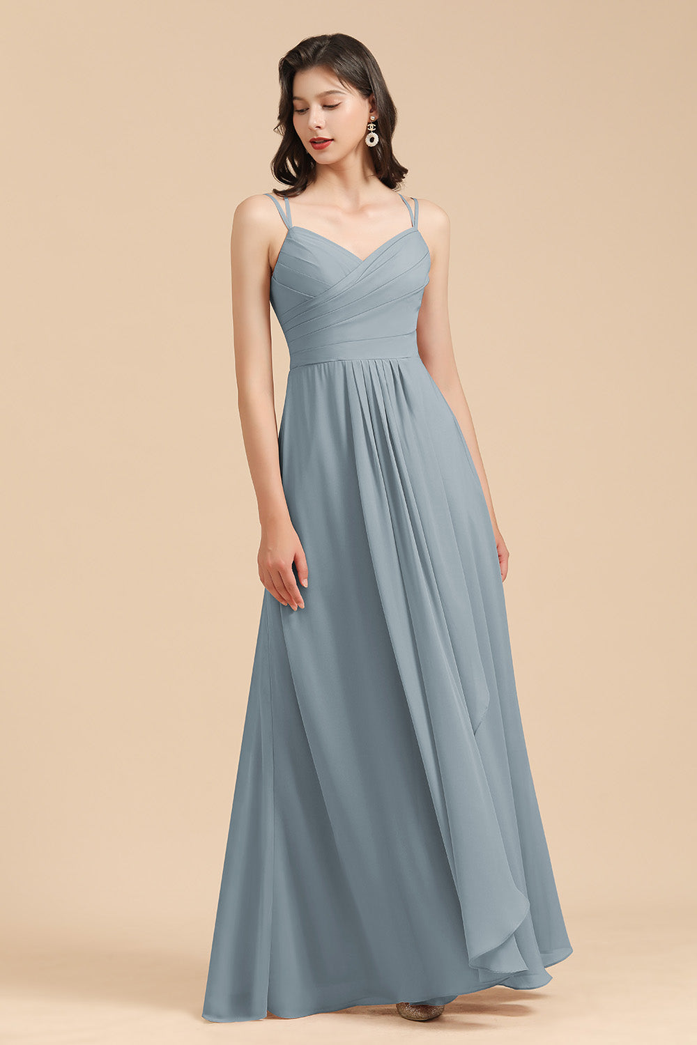 Affordable V-Neck Ruffle Dusty Blue Chiffon Bridesmaid Dresses-misshow.com