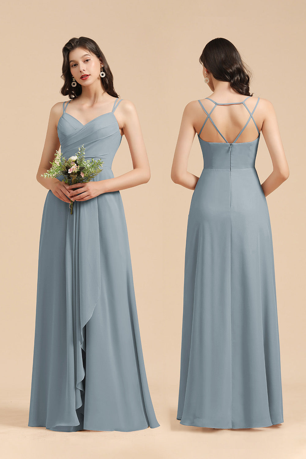 Affordable V-Neck Ruffle Dusty Blue Chiffon Bridesmaid Dresses-misshow.com