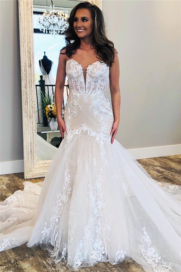 Find this Chic Deep V-neck White Wedding Dressat Misshow, available in everyone color and size you could possibly imagine, which makes picking out the perfect prom dress for your big day easily!