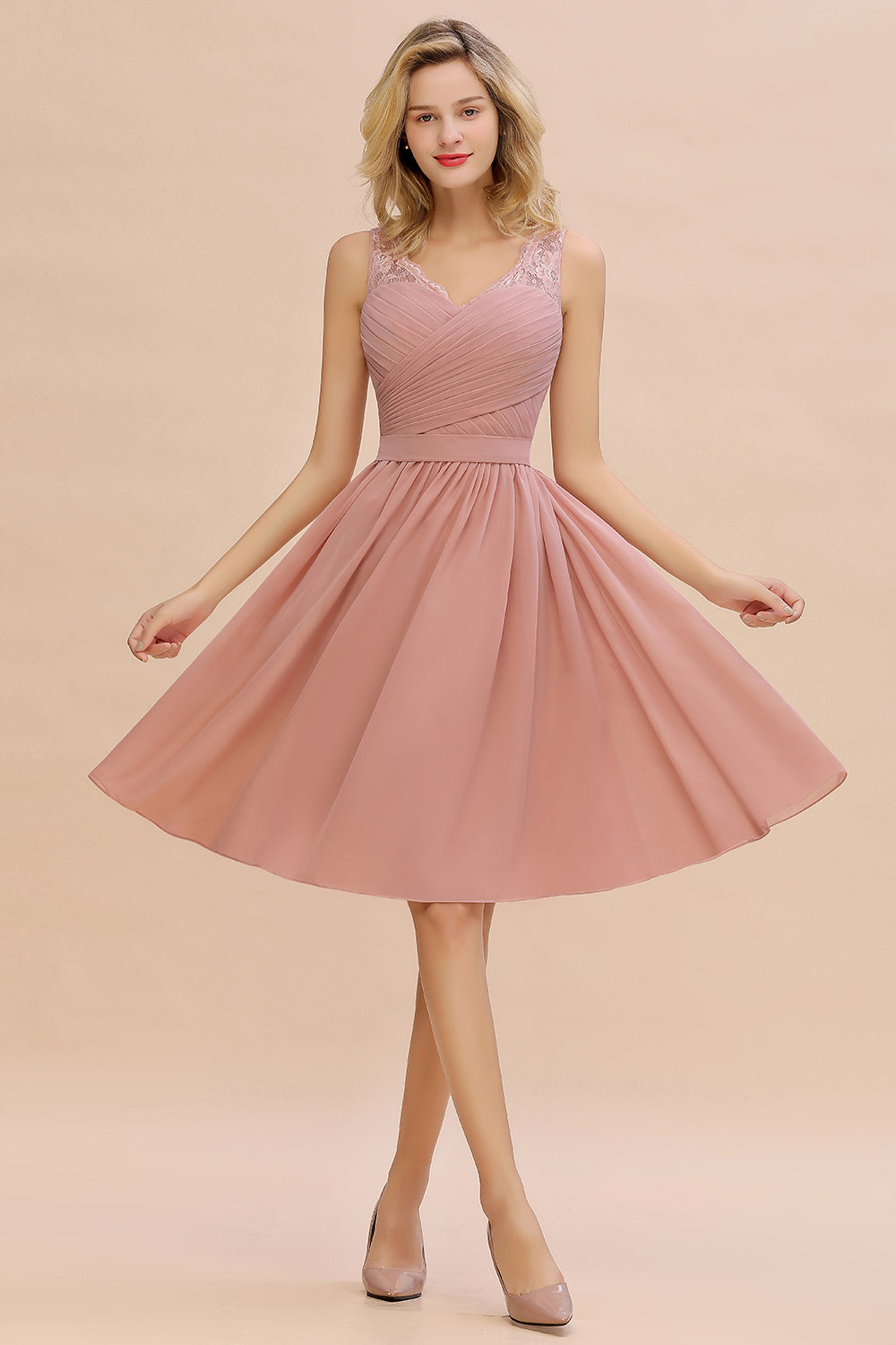 Affordable V-Neck Sleeveless Ruffles Short Lace Bridesmaid dresses