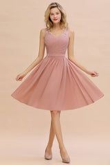 Affordable V-Neck Sleeveless Ruffles Short Lace Bridesmaid dresses