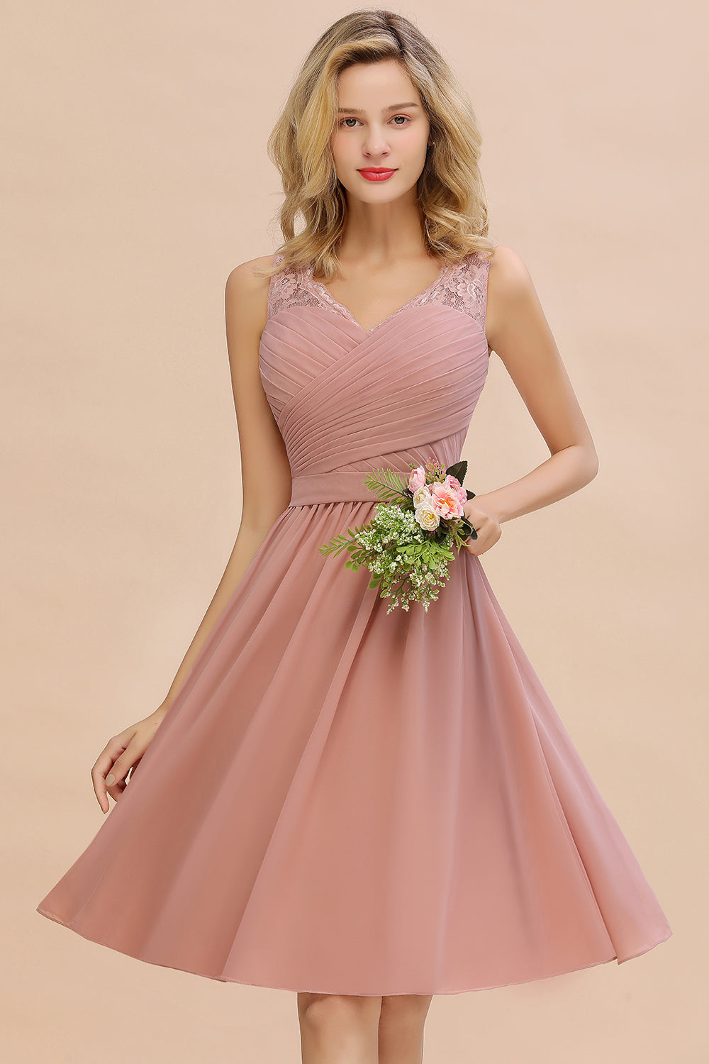 Affordable V-Neck Sleeveless Ruffles Short Lace Bridesmaid dresses