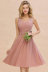 Affordable V-Neck Sleeveless Ruffles Short Lace Bridesmaid dresses