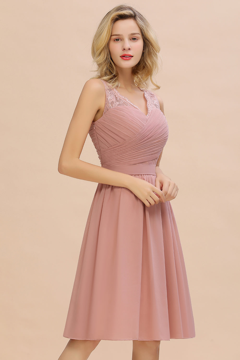 Affordable V-Neck Sleeveless Ruffles Short Lace Bridesmaid dresses