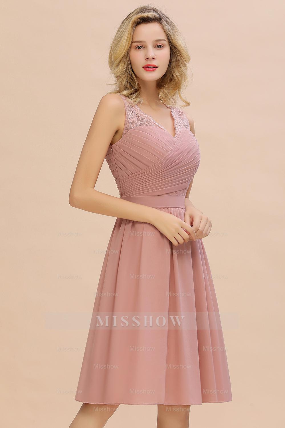 Affordable V-Neck Sleeveless Ruffles Short Lace Bridesmaid dresses