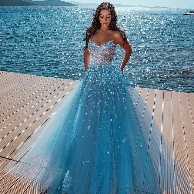 Alluring Strapless Sweetheart Tulle Beading Prom Evening Dresses-misshow.com