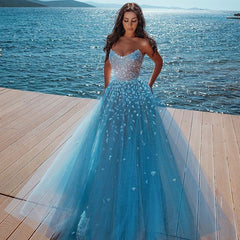 Alluring Strapless Sweetheart Tulle Beading Prom Evening Dresses-misshow.com